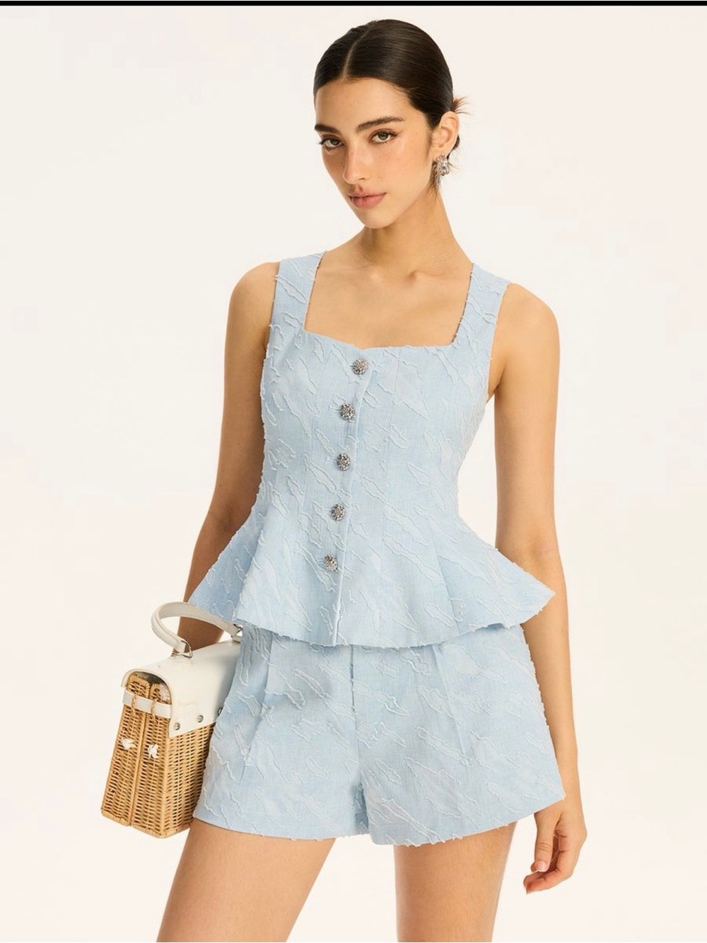 Commense - Light Blue Textured Peplum Top - Size S